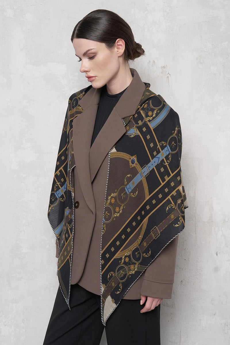 Kemer Desen Yün İpek Omuz Şal - Lacivert