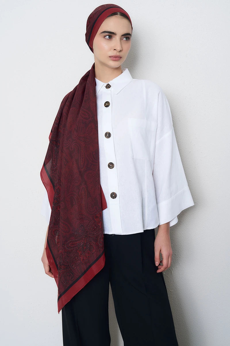 Motif Desen Floş Viskon Şal - Bordo