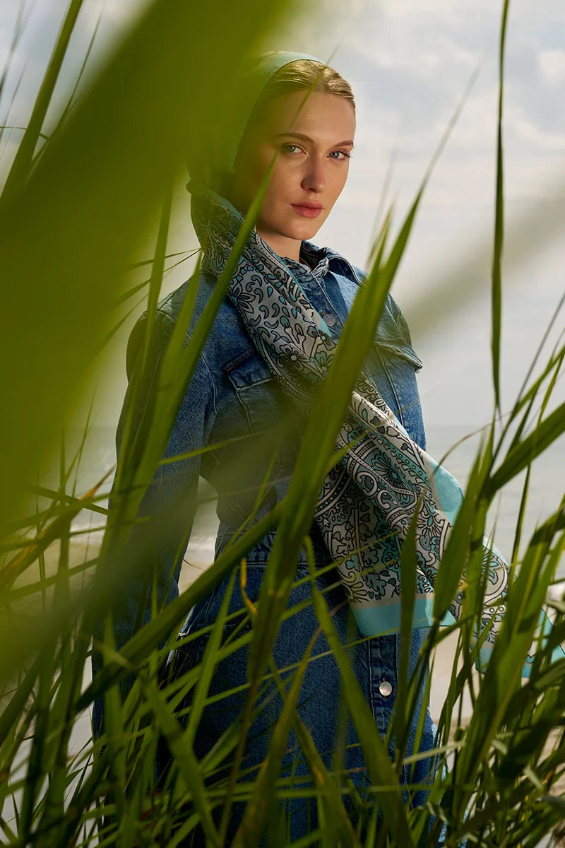 Karmaşık Desen Pamuk İpek Şal - Turkuaz Mavisi