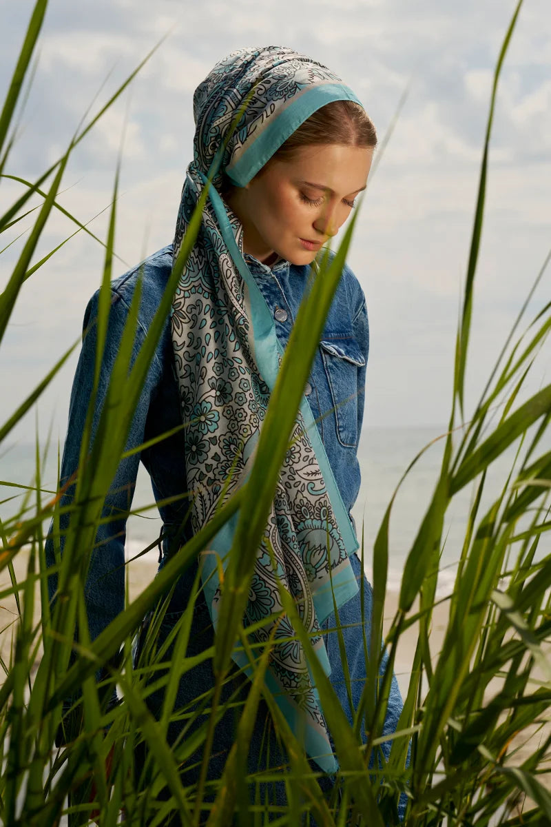 Karmaşık Desen Pamuk İpek Şal - Turkuaz Mavisi