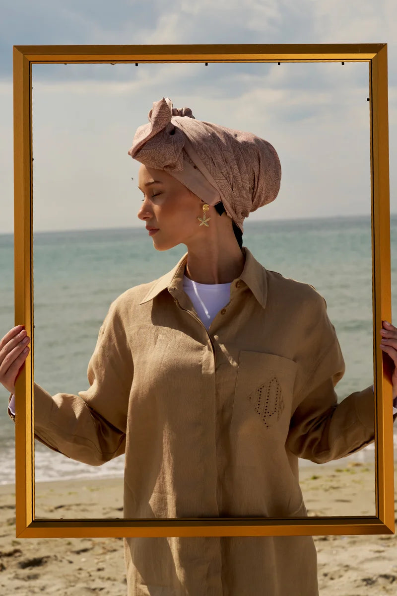 Kendinden Desenli Pamuk İpek Şal - Bej