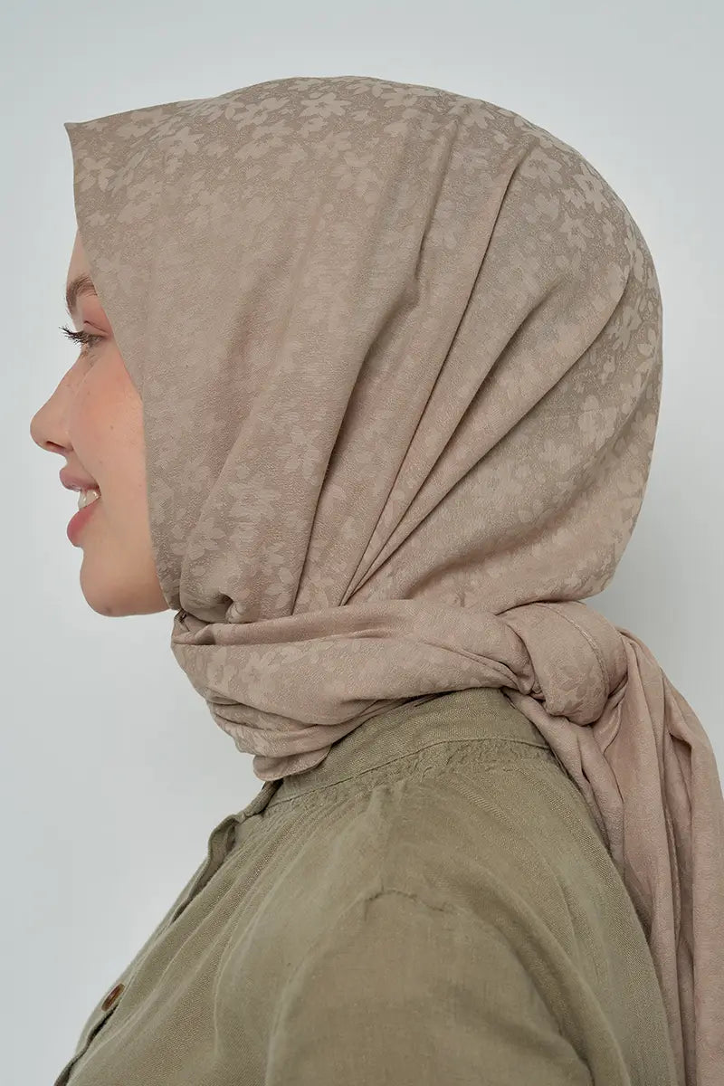 Pamuklu Şal Çiçek Desen - Vizon