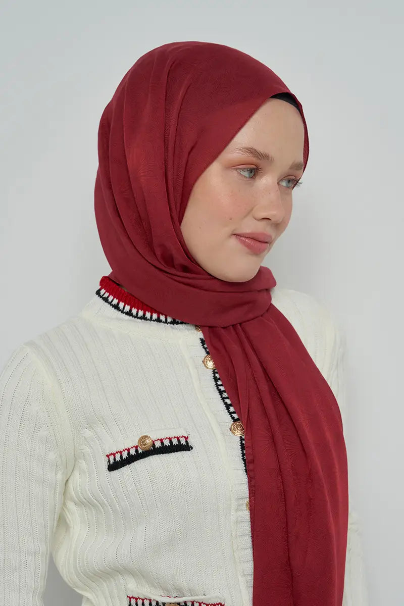 Cotton Shawl with Leaf Pattern - Burgundy