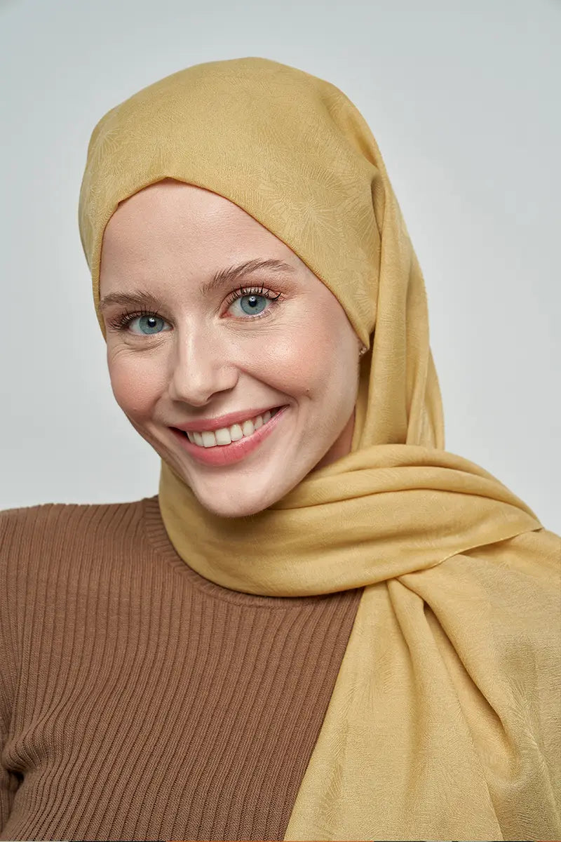 Pamuklu Şal Yaprak Desen - Hardal