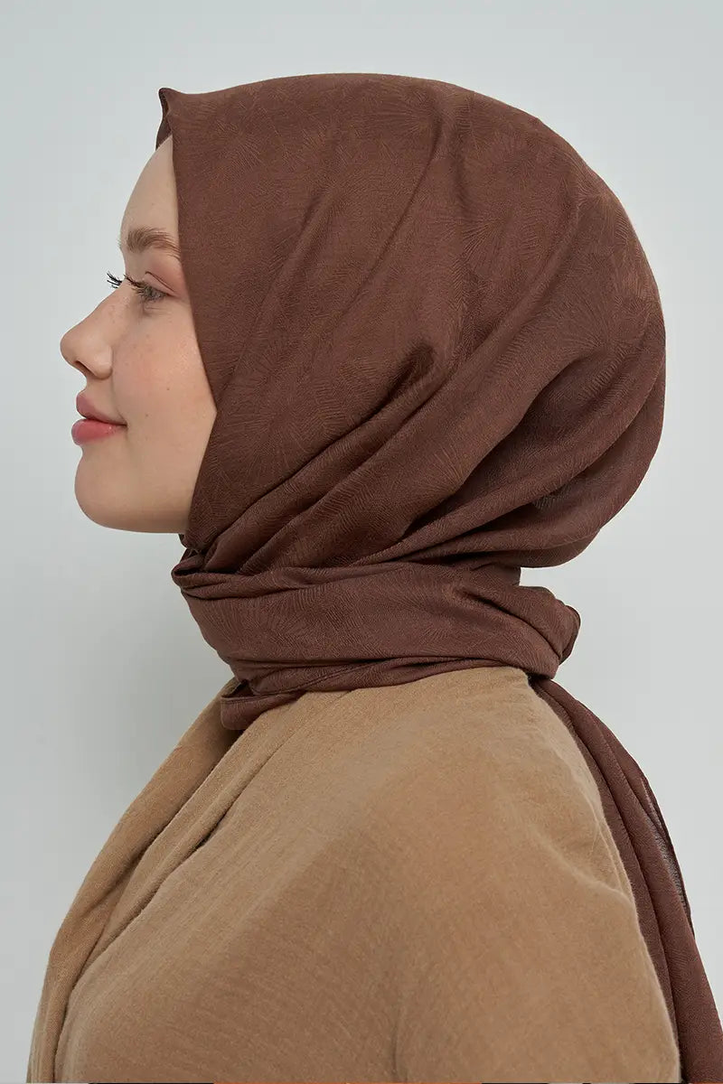 Pamuklu Şal Yaprak Desen - Kahverengi