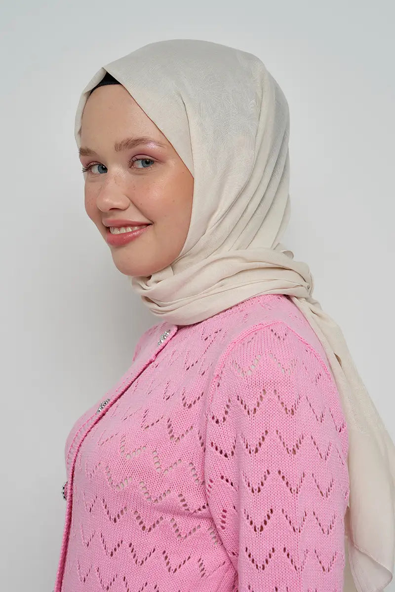 Pamuklu Şal Yaprak Desen - Kırık Beyaz