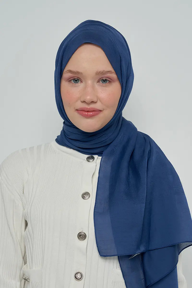 Cotton Shawl with Leaf Pattern - Navy Blue