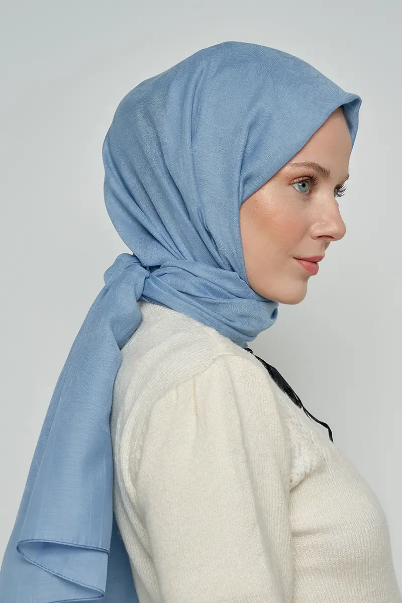 Pamuklu Şal Yaprak Desen - Mavi