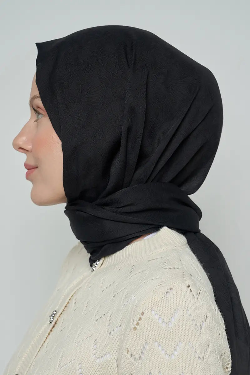 Cotton Shawl with Leaf Pattern - Black