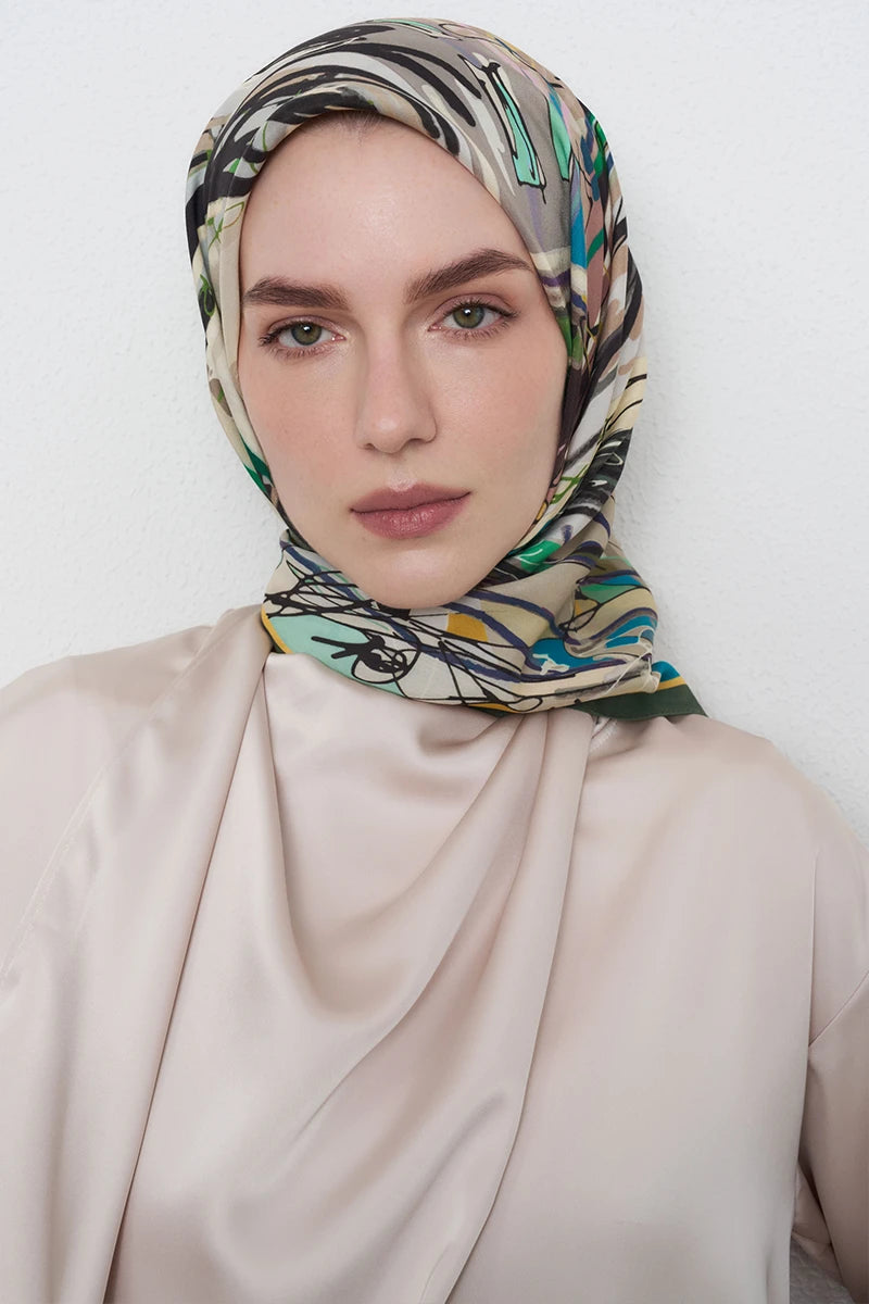 Perspektif Desen Viskon Floş Eşarp - Yeşil