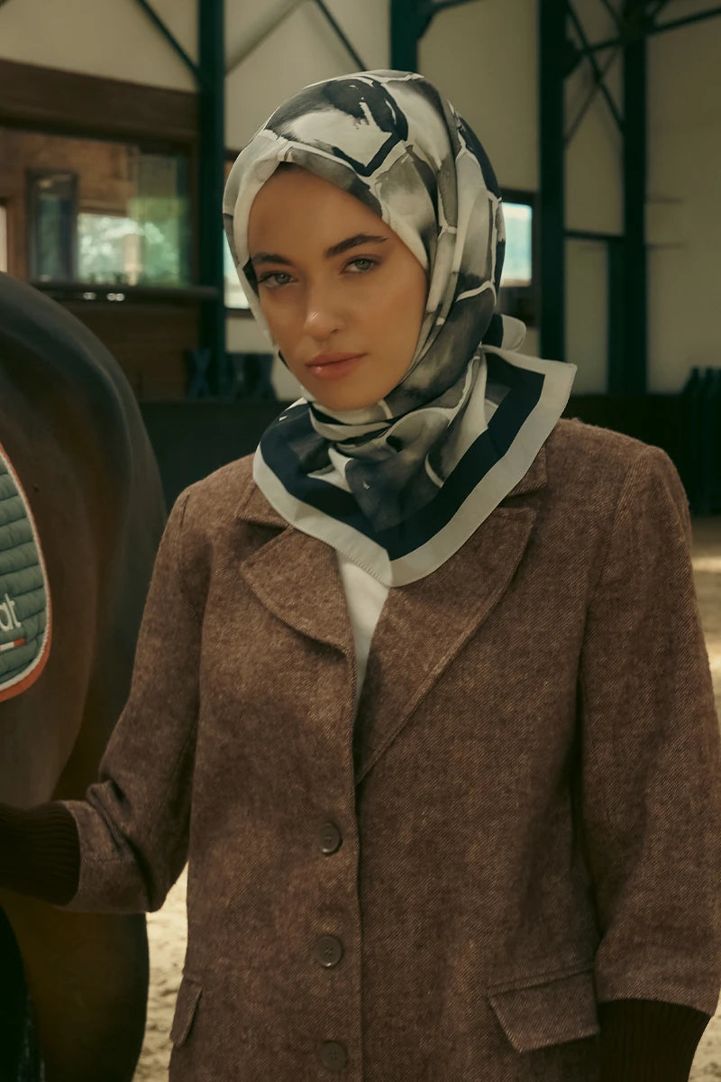 Desenli Modal Eşarp Petek - Siyah Gri