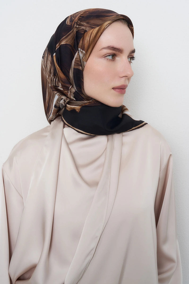 Soyut Twill İpek Eşarp - Kahverengi