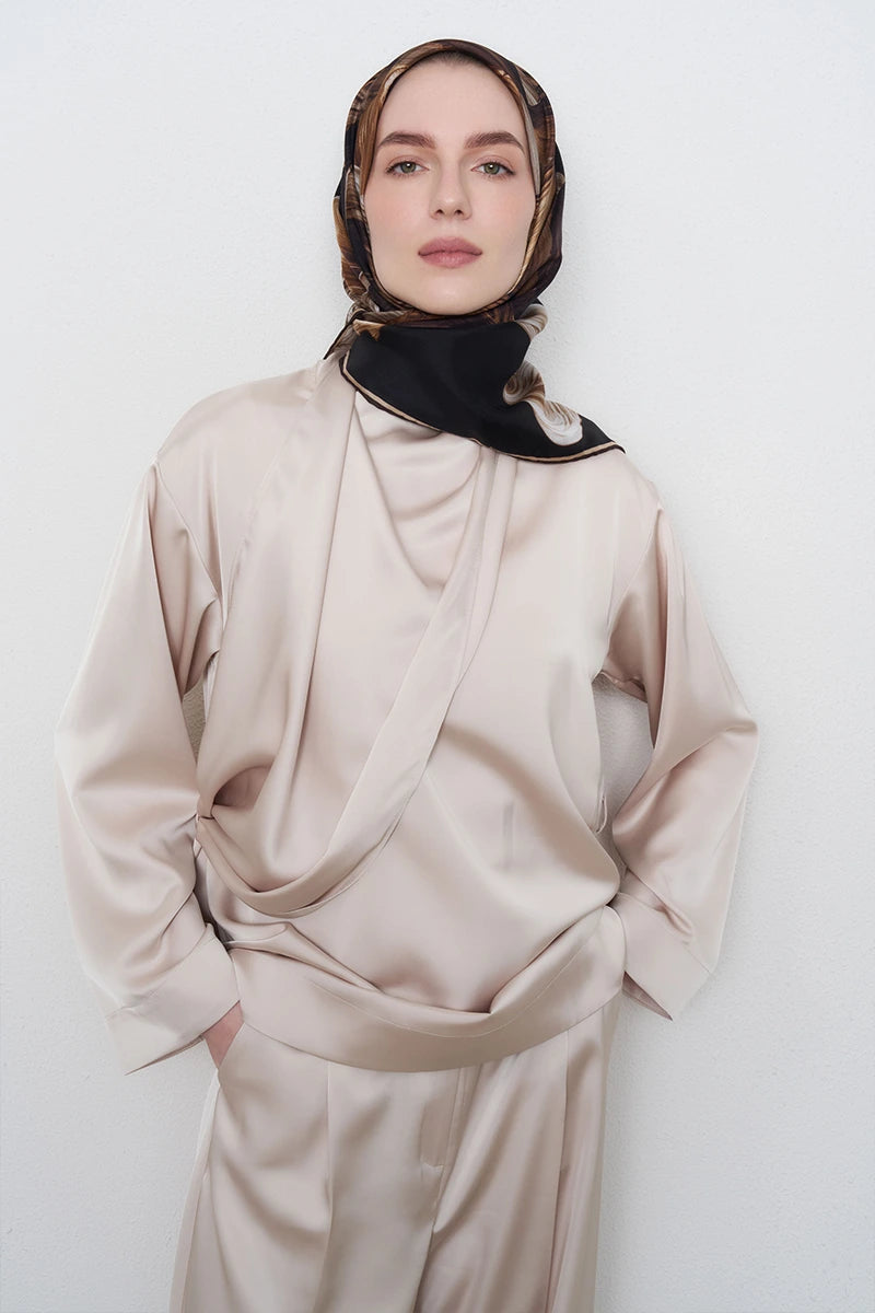 Soyut Twill İpek Eşarp - Kahverengi