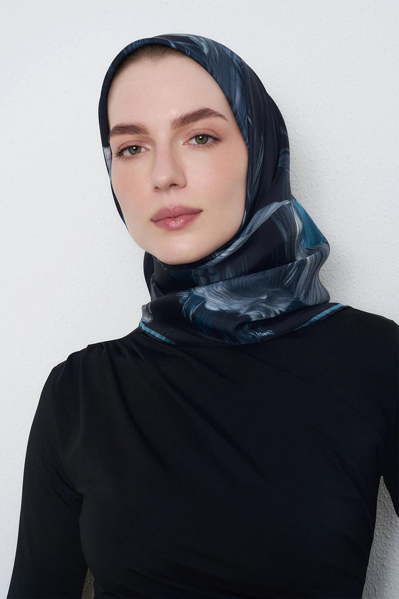 Soyut Twill İpek Eşarp - Lacivert
