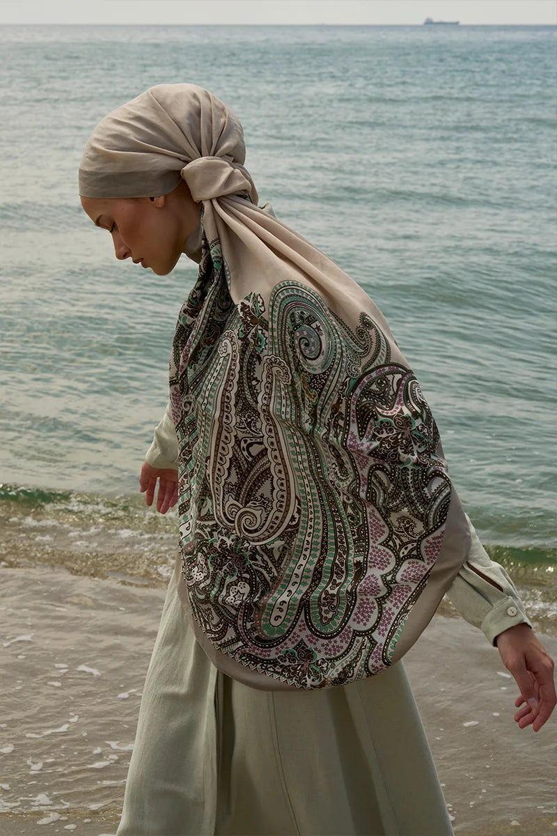 Tek Tarafı Desen Pamuk İpek Şal - Bej