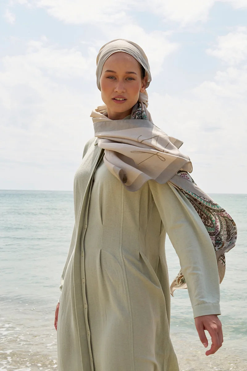 Tek Tarafı Desen Pamuk İpek Şal - Bej