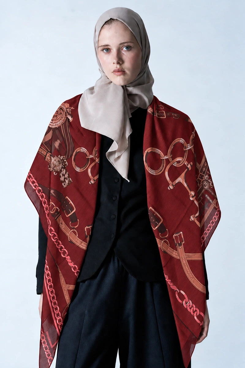 Viskon İpek Omuz Şal Harness Desen - Bordo