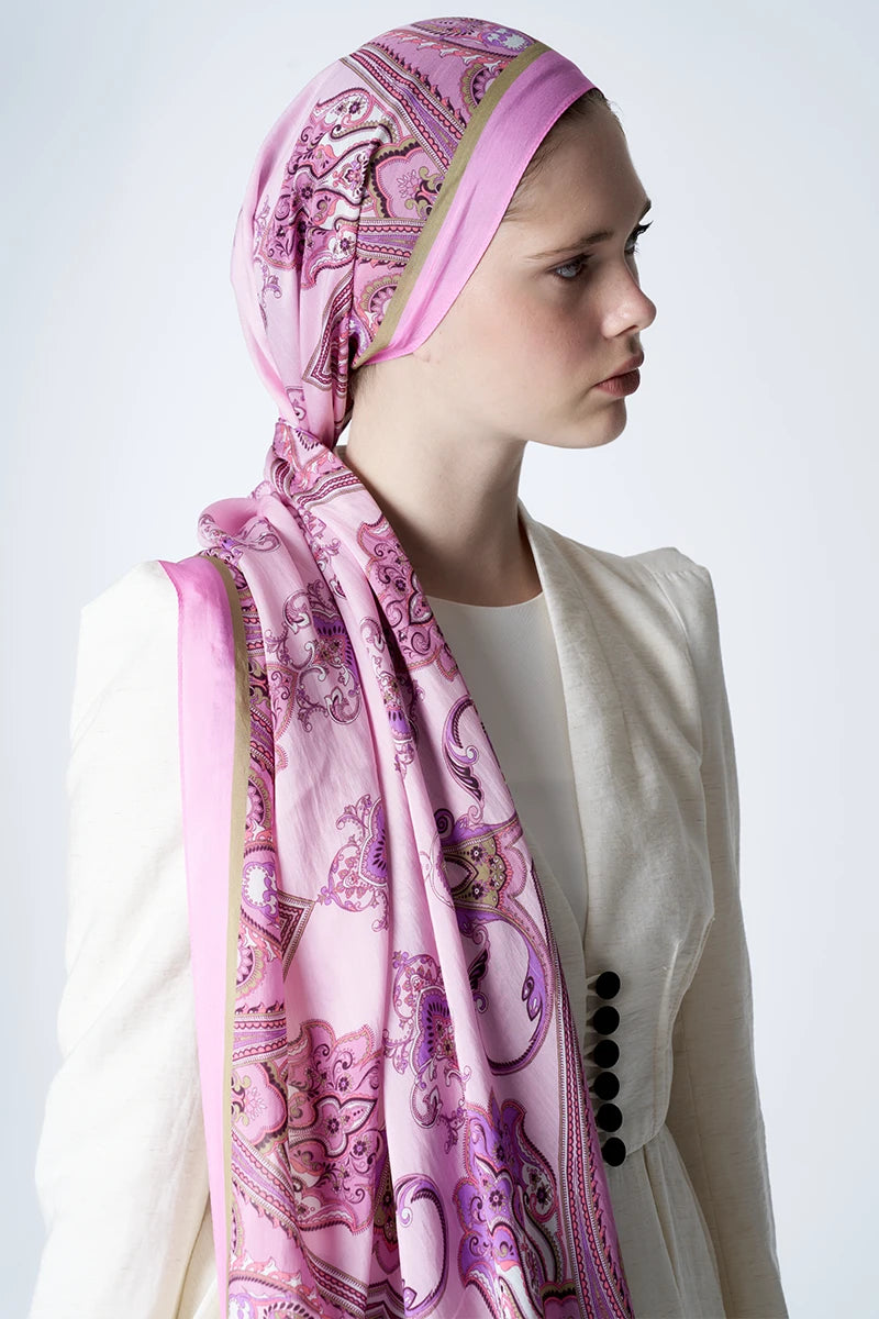 Viskon İpek Şal Etnik Desen - Pembe
