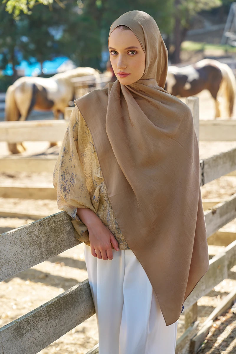 Naia Cotton Monogram Pattern Shawl - Camel