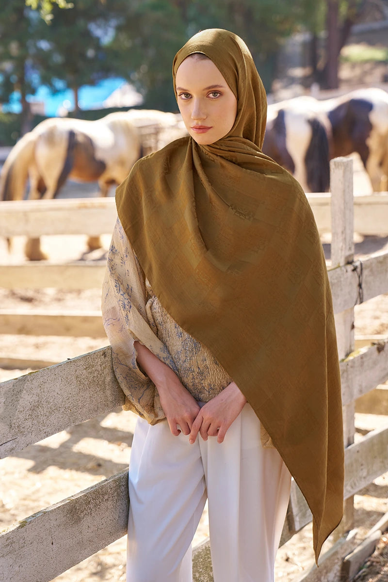 Naia Cotton Monogram Pattern Shawl - Mustard