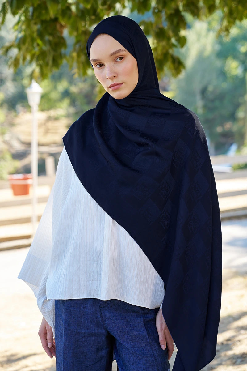 Naia Cotton Monogram Pattern Shawl - Navy Blue
