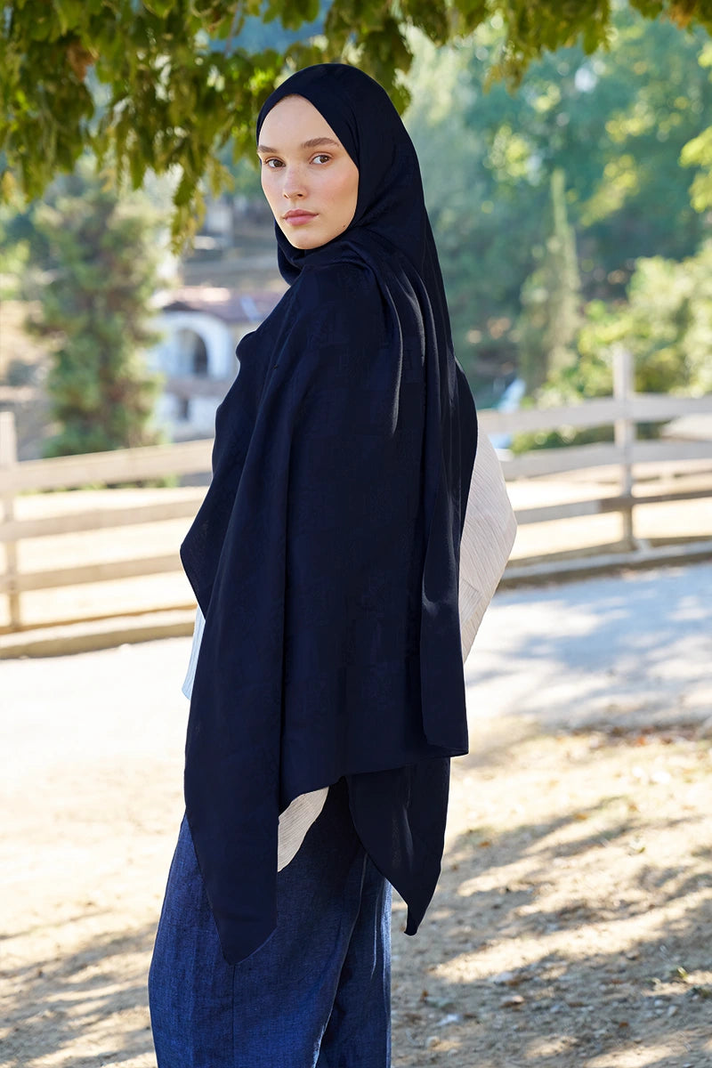 Naia Cotton Monogram Pattern Shawl - Navy Blue