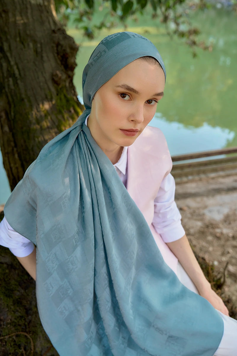 Naia Cotton Monogram Pattern Shawl - Blue