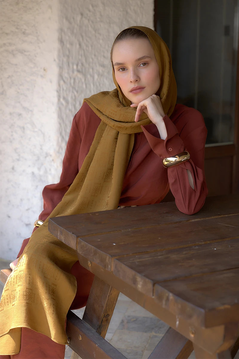 Naia Cotton Logo Pattern Shawl - Mustard