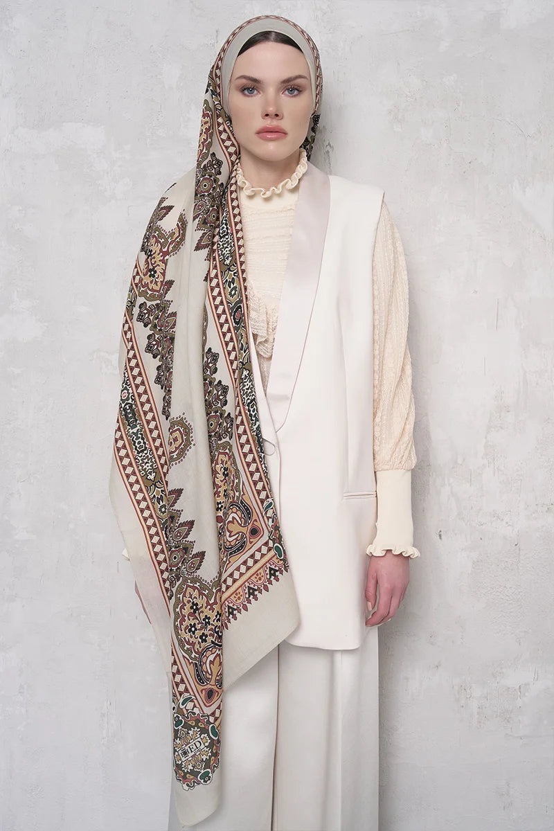 Yün İpek Şal Veilis Desen - Bej