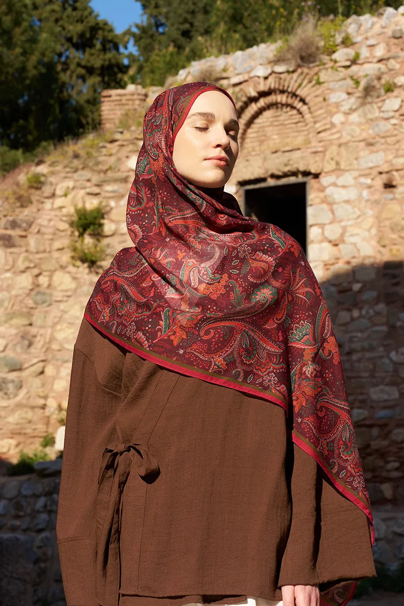 Yün İpek Bouqet Şal - Bordo