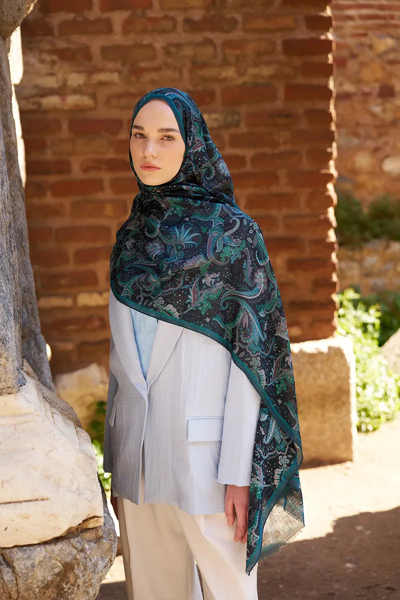 Wool Silk Bouquet Shawl - Petrol