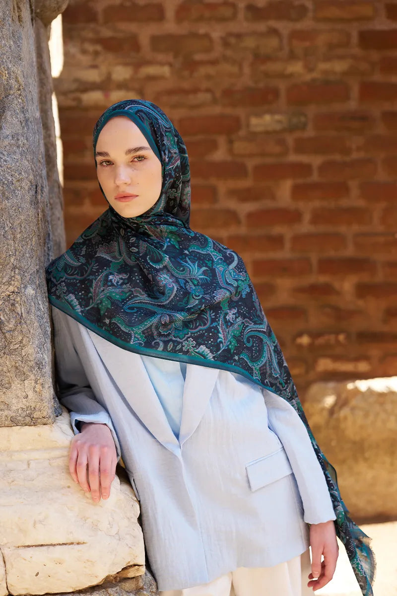 Wool Silk Bouquet Shawl - Petrol