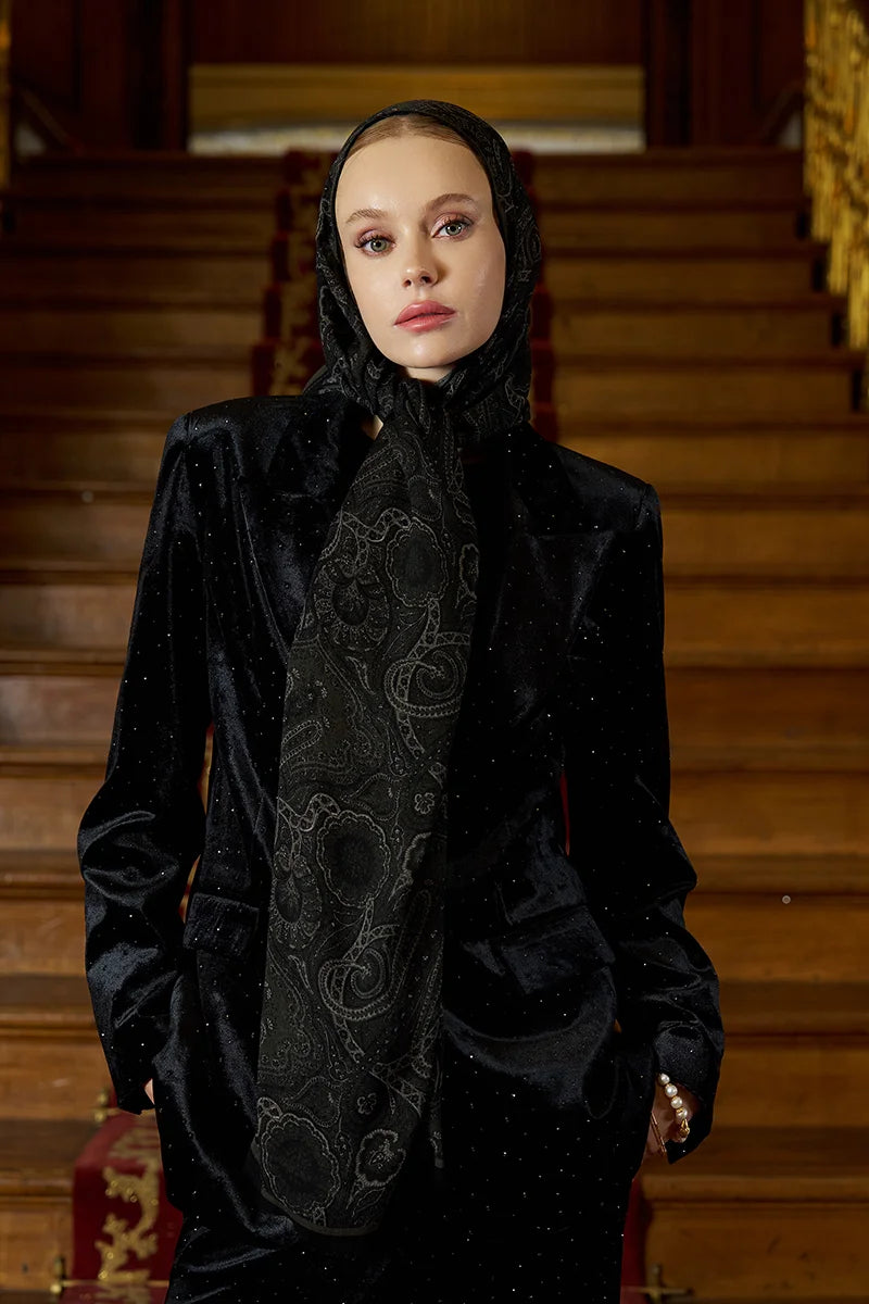 Yün İpek Ethnara Şal - Siyah / Yeşil