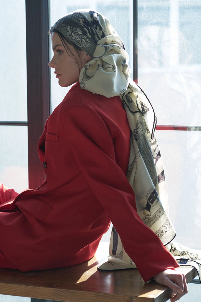 Yün İpek Omuz Şal Zincir Desen - Siyah