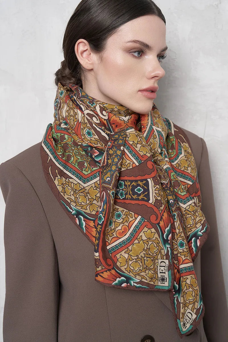 Yün İpek Omuz Şal Etnik Desen - Kahverengi