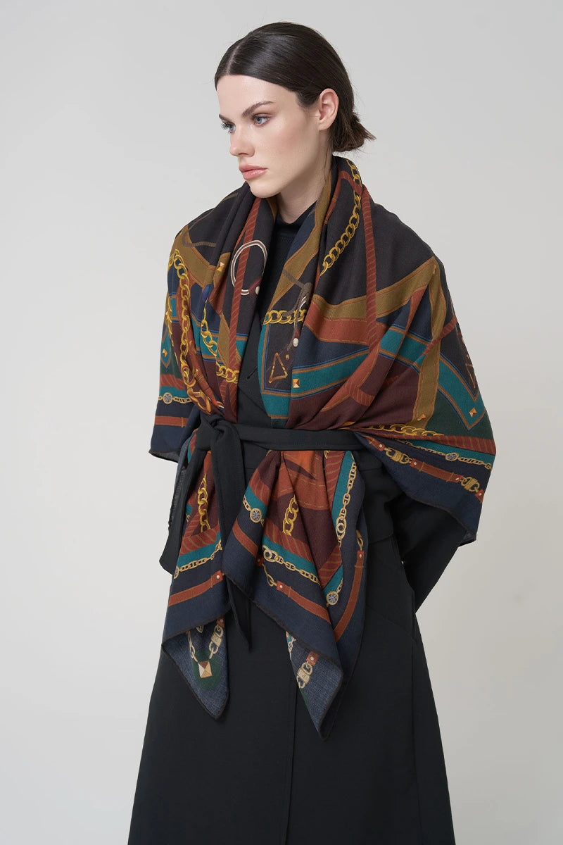 Yün İpek Omuz Şal Geometrik Desen - Renkli