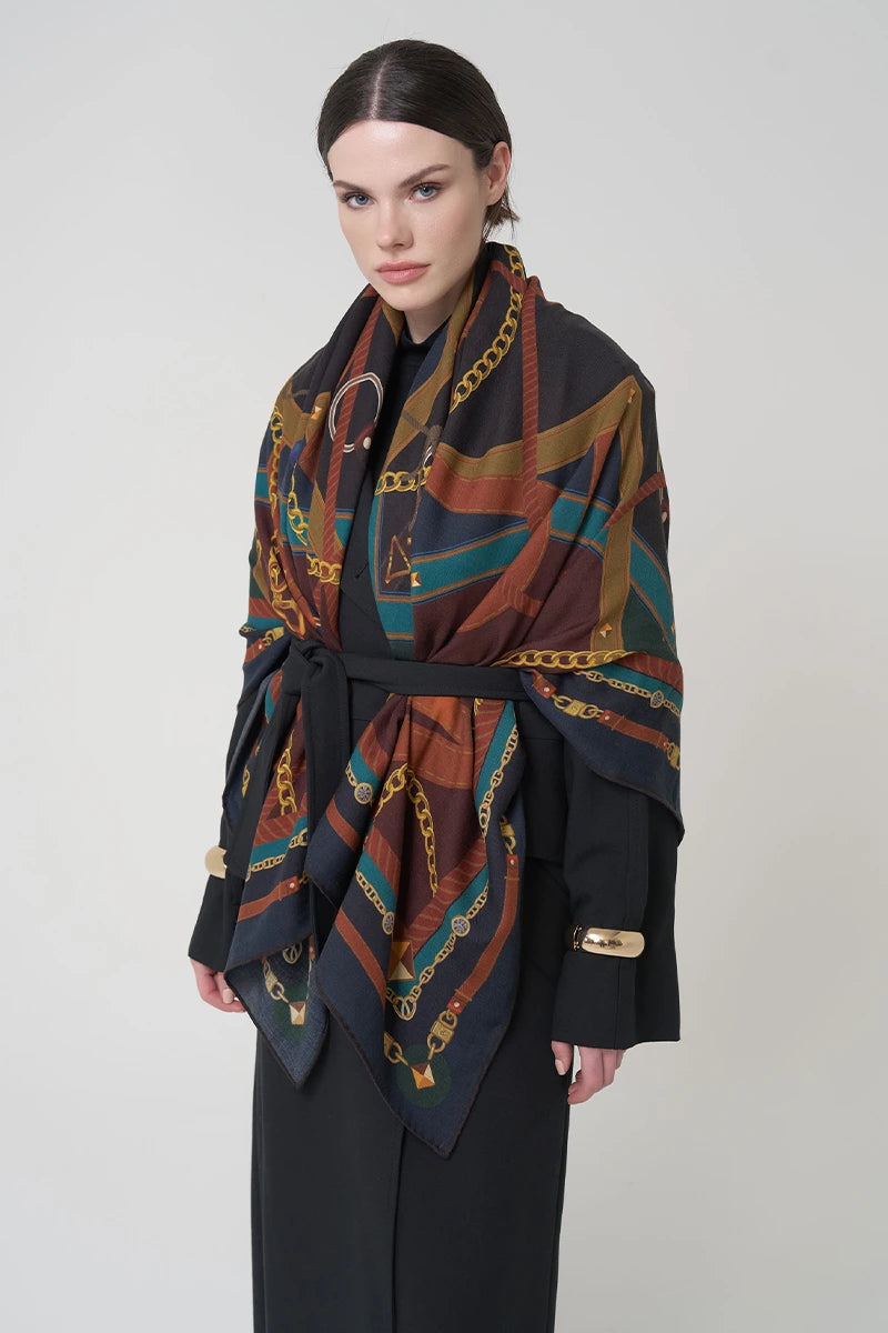 Yün İpek Omuz Şal Geometrik Desen - Renkli