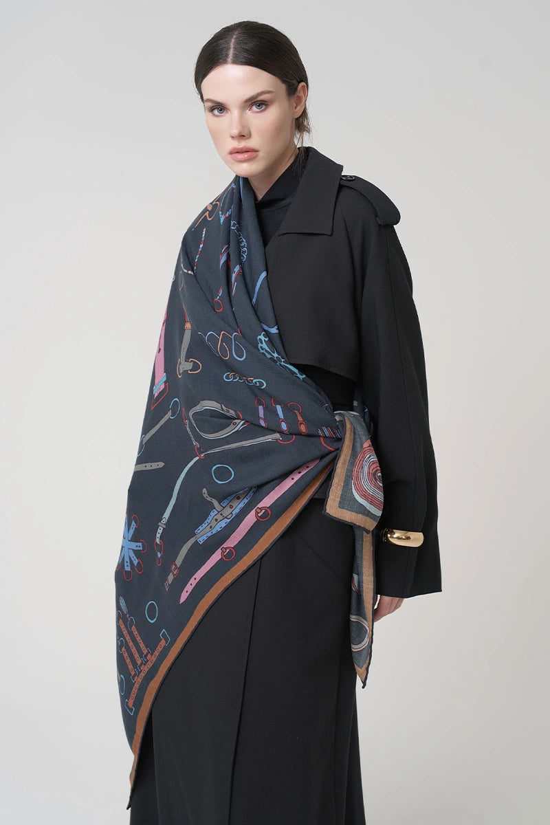 Yün İpek Omuz Şal Obje Desen - Lacivert