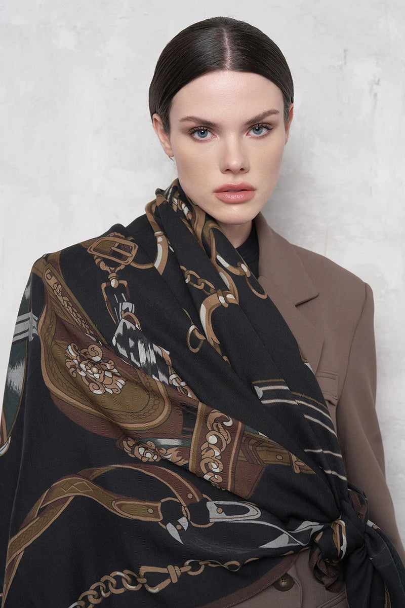 Yün İpek Omuz Şal Zincir Desen - Lacivert