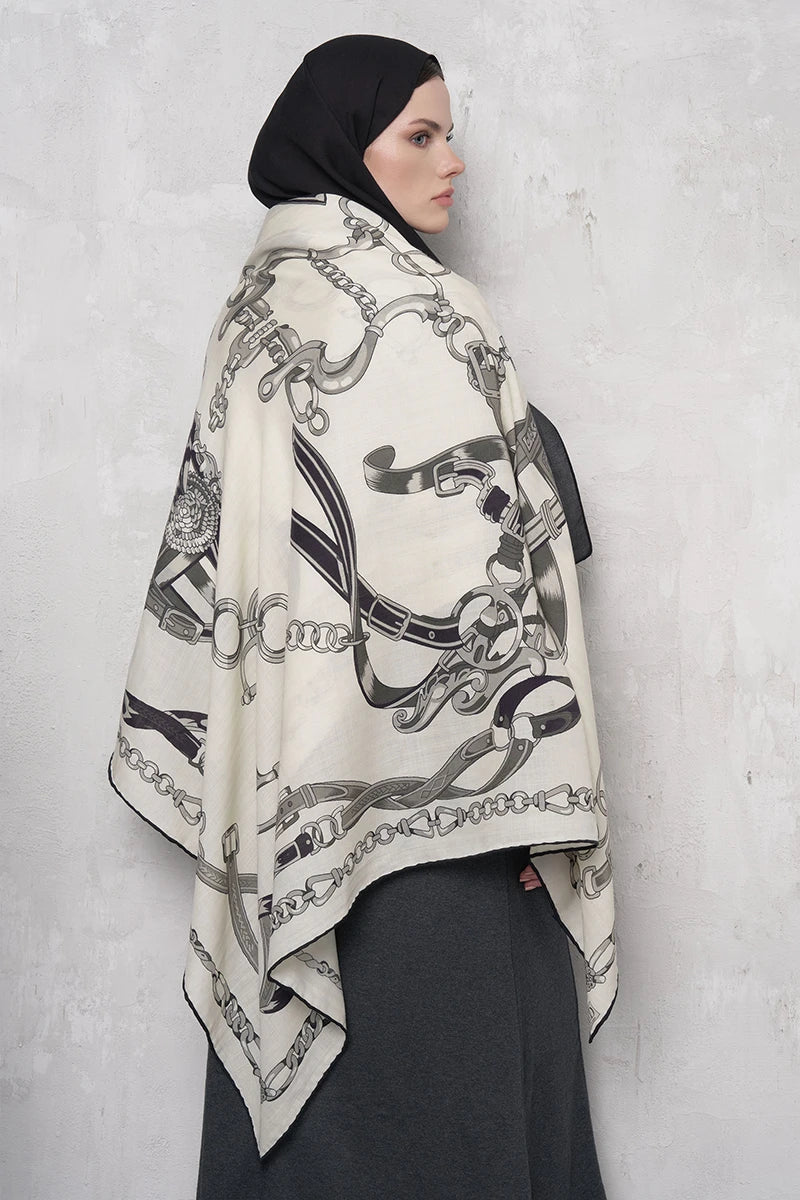 Yün İpek Omuz Şal Zincir Desen - Siyah