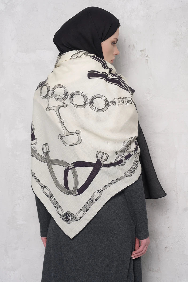 Yün İpek Omuz Şal Zincir Desen - Siyah