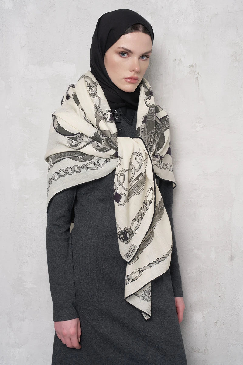 Yün İpek Omuz Şal Zincir Desen - Siyah