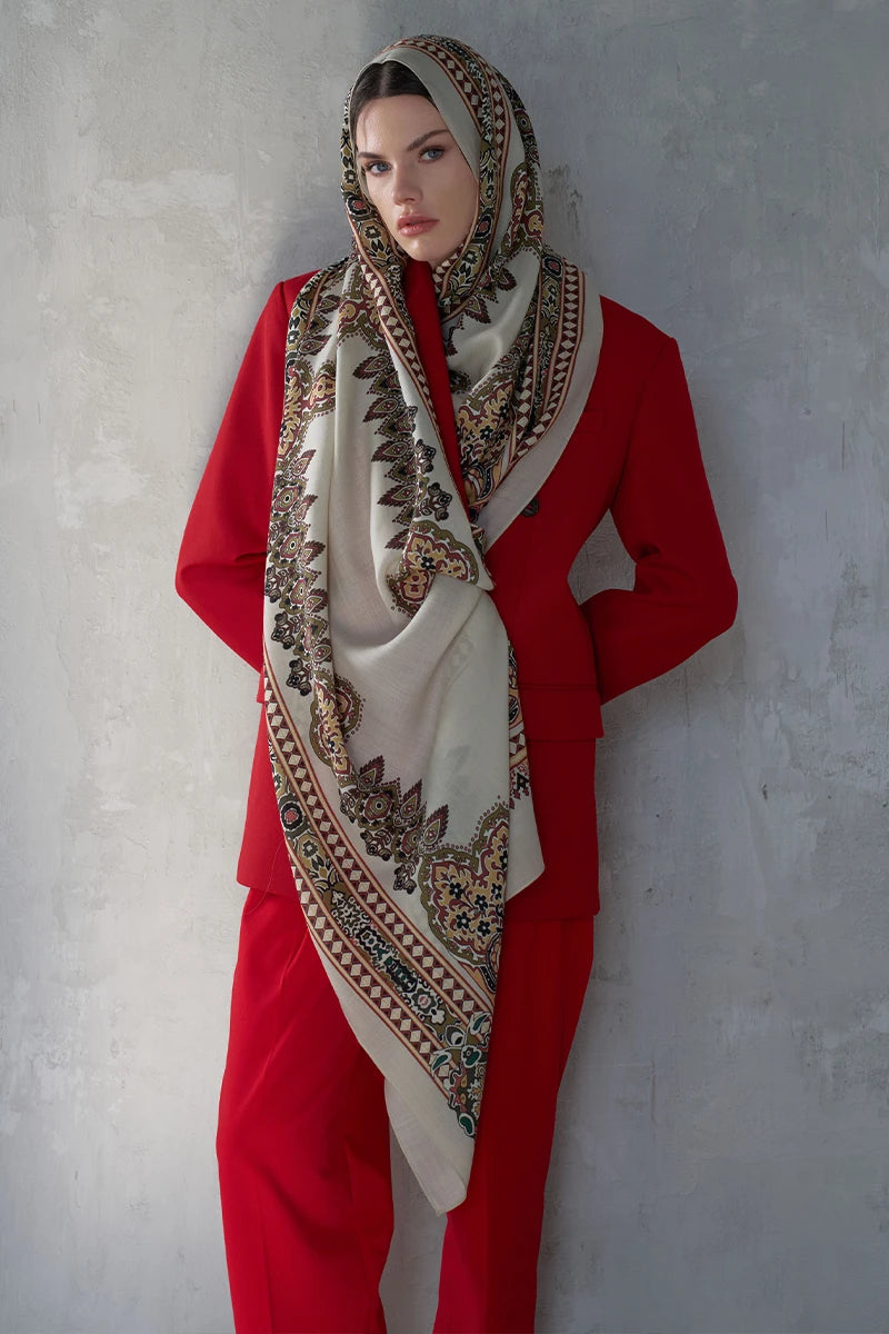 Yün İpek Şal Veilis Desen - Bej