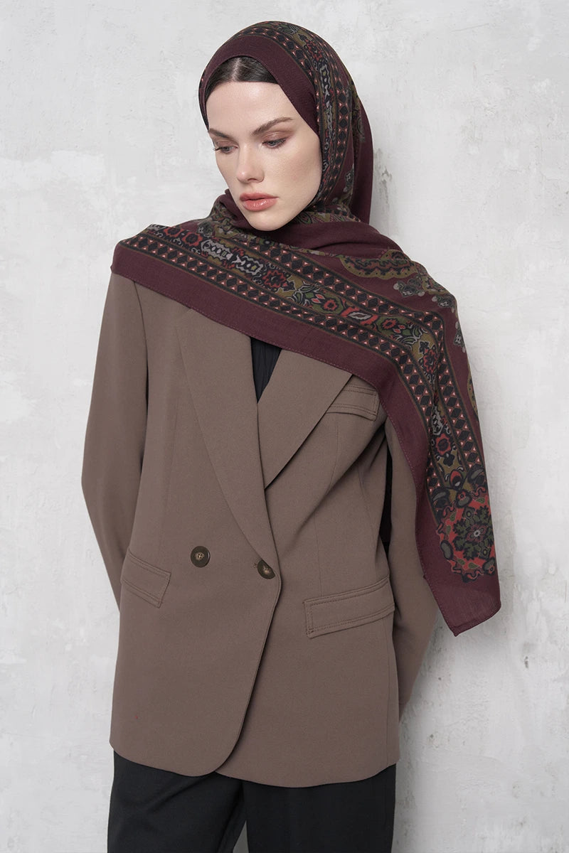 Yün İpek Şal Veilis Desen - Bordo