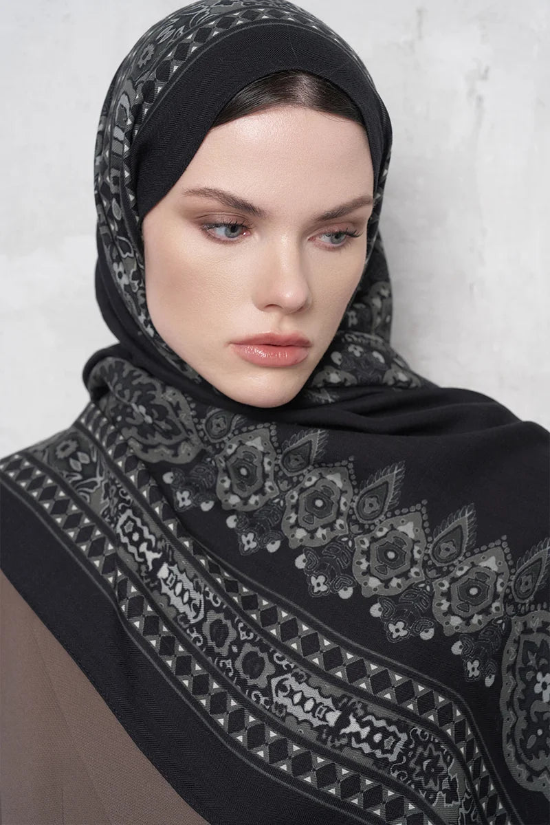 Yün İpek Şal Veilis Desen - Siyah