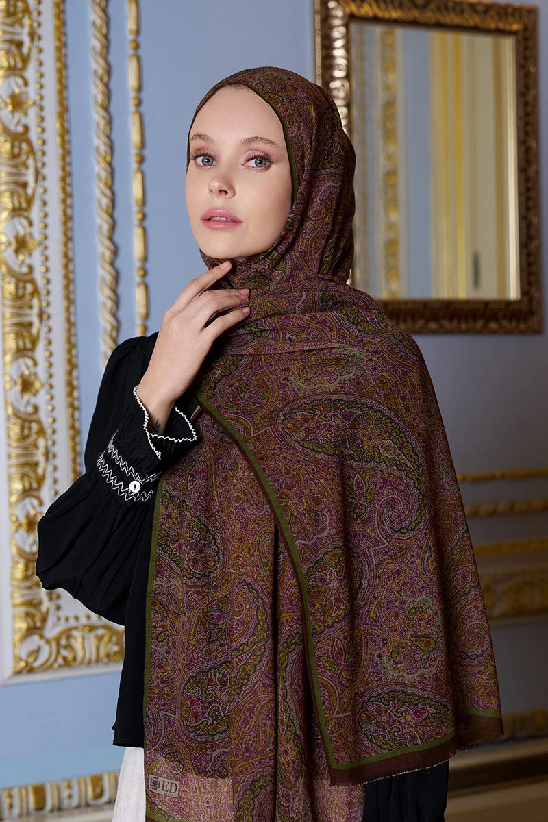 Yün İpek Shade Şal - Kahve / Yeşil