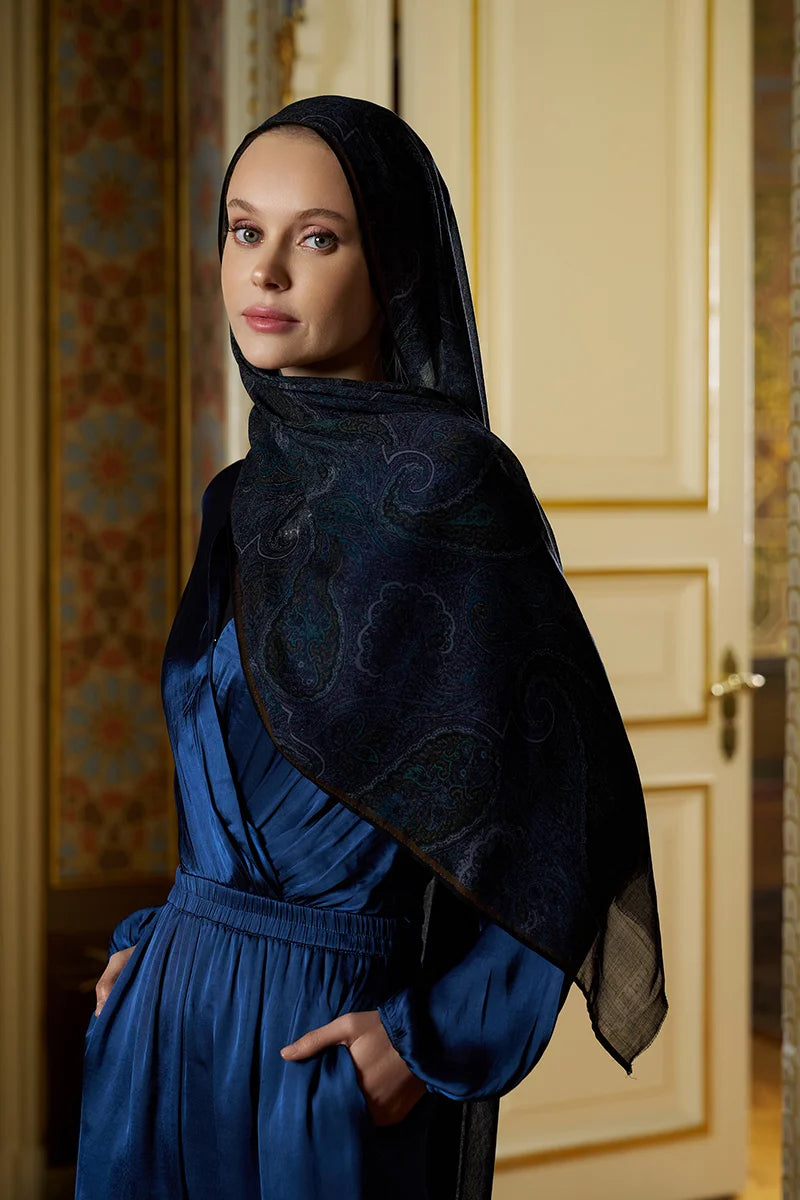 Yün İpek Shade Şal - Lacivert