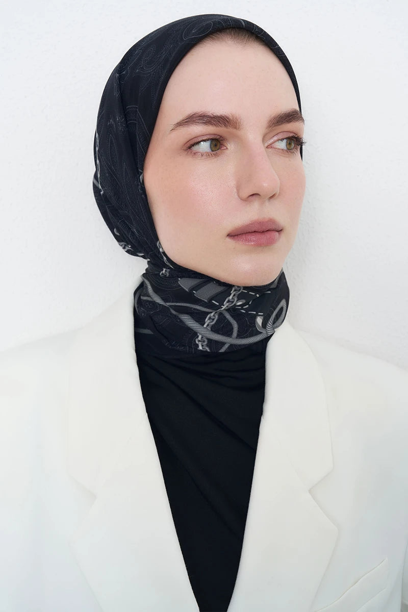 Zincir Desen Viskon Floş Eşarp - Siyah