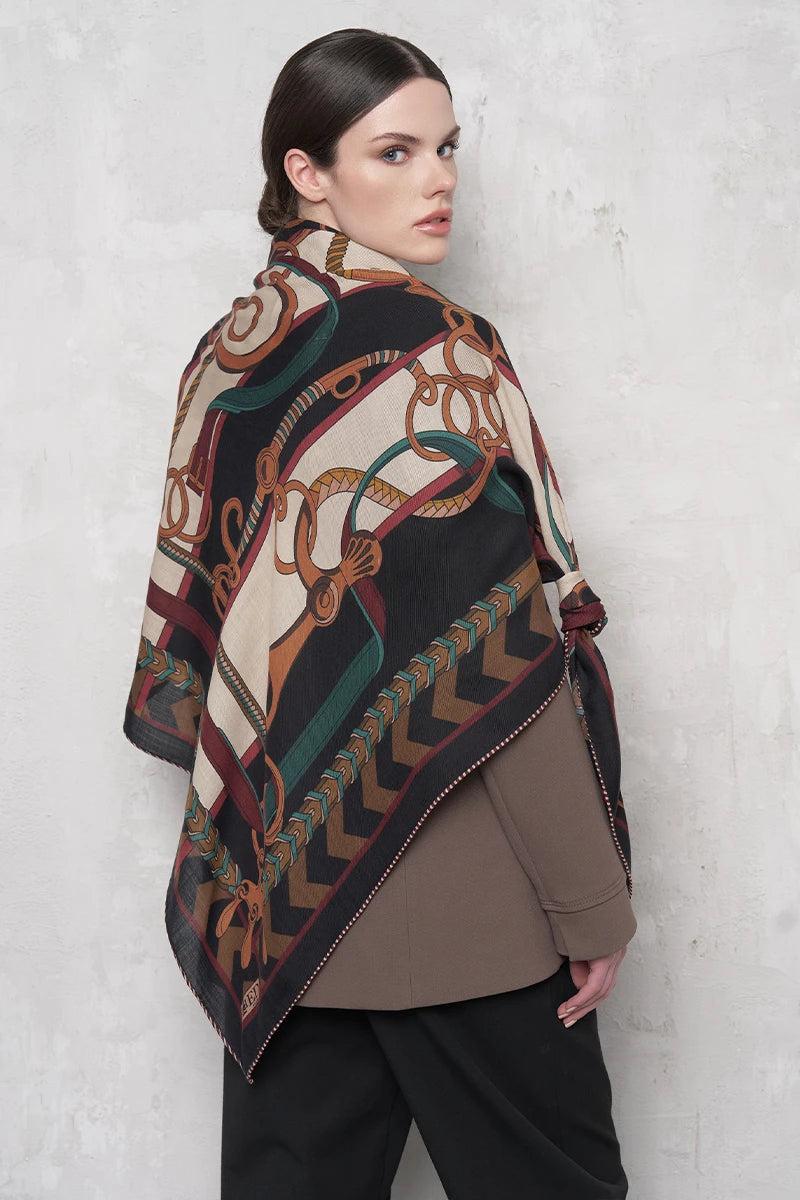 Zincir Desen Yün İpek Omuz Şal - Bordo