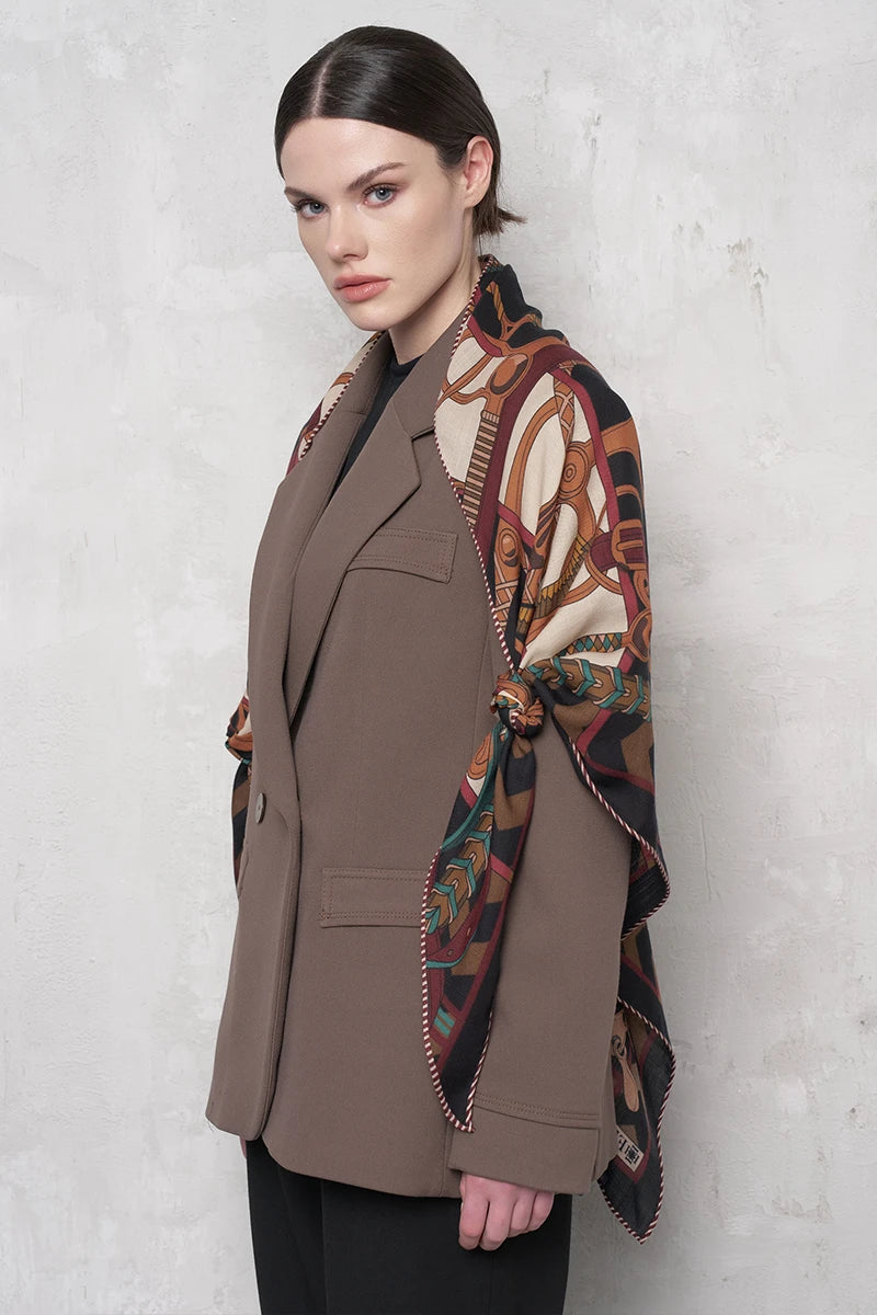 Chain Pattern Wool Silk Shoulder Shawl - Burgundy